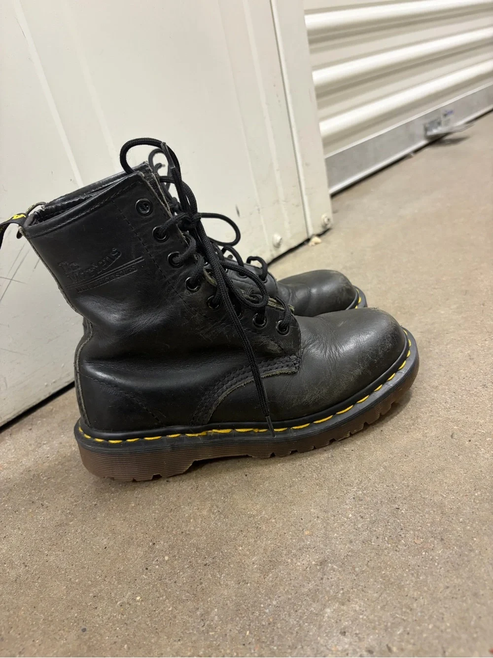 Dr. Martens Black Leather Lace-Up Combat Boots with Yellow Stitching